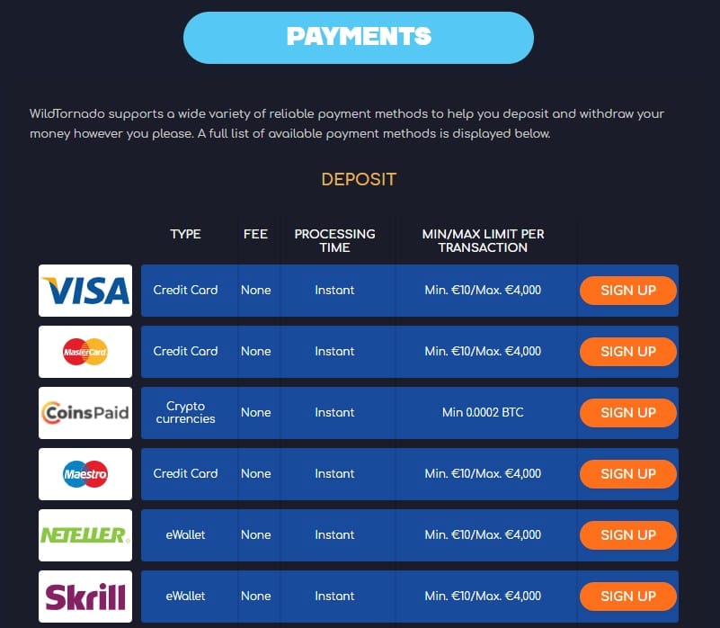 Wild Tornado casino deposits and payouts